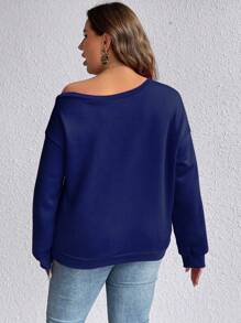 Calvaya Hơn Đồ họa trái tim & khẩu hiệu Túi kangaroo Thả vai Áo nỉ - Xanh đậm - Xem 4