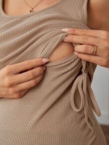 SHEIN 孕婦束腰設計,褶皺按鈕母乳坦克上衣 - 卡其色 - 查看 6