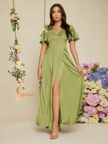 SHEIN Belle Abito da damigella d'onore in raso con maniche a volant e orlo avvolgente, elegante abito da cerimonia formale per matrimoni, eventi, cene o lauree