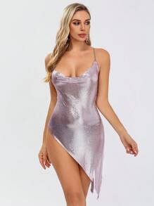 Zolique Draped Collar Asymmetrical Hem Metallic Cami Dress - Mauve Purple - View 5