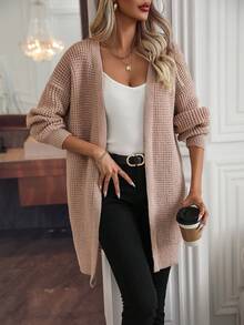 SHEIN LUNE 落肩休闲设计开衫 - 卡其色 - 查看 3