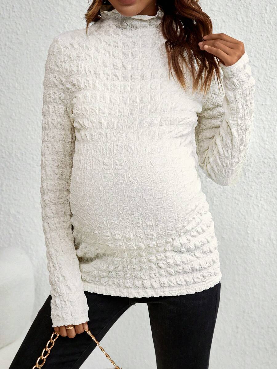 SHEIN Maternity Mock Neck Lettuce Trim Tee - Apricot - View 1