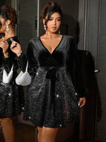 Cravure Kích thước lớn Màu thuần Nhung Đầm - màu đen - Xem 5