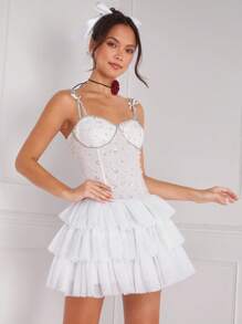 Enchnt Women's Glitter Sequin Spaghetti Strap Dress With Multilayer Mesh Hem - White - View 3