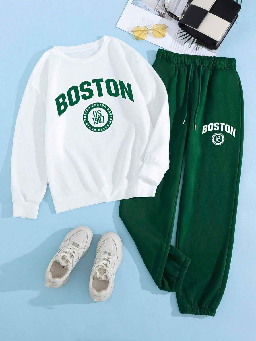 SHEIN EZwear 2入組字母印花連帽衫和運動長褲套裝 - 彩色 - 查看 1