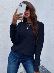 EMERY ROSE Casual Solid Color Drop Shoulder Sweater - Navy Blue - View 5