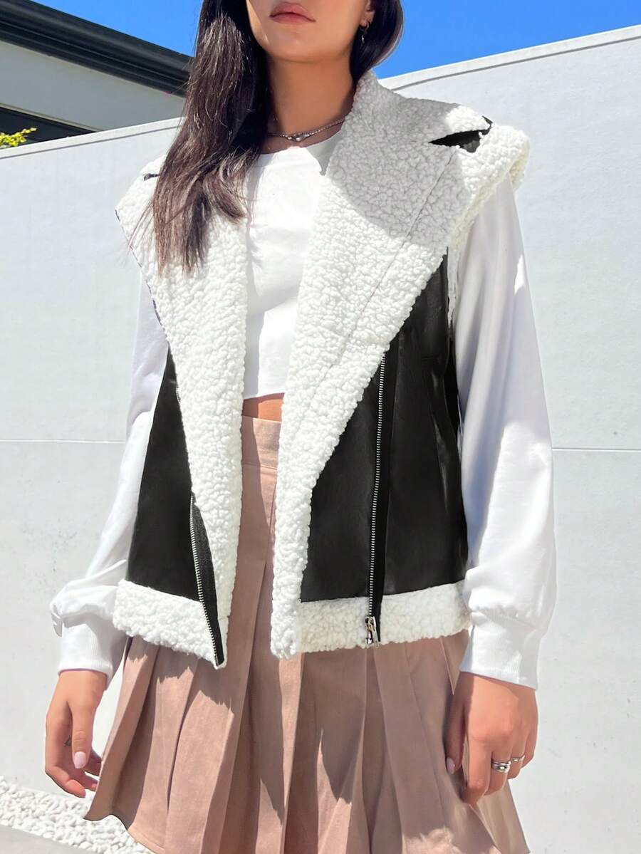 SHEIN EZwear Lông Không tay Dây kéo Áo khoác Với Bộ đồ Vòng cổ - màu đen - Xem 1