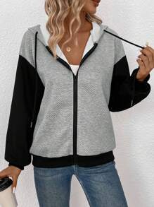 SHEIN LUNE 雙色落肩袖抽繩拉鍊連帽夾克 - 黑色 - 查看 4