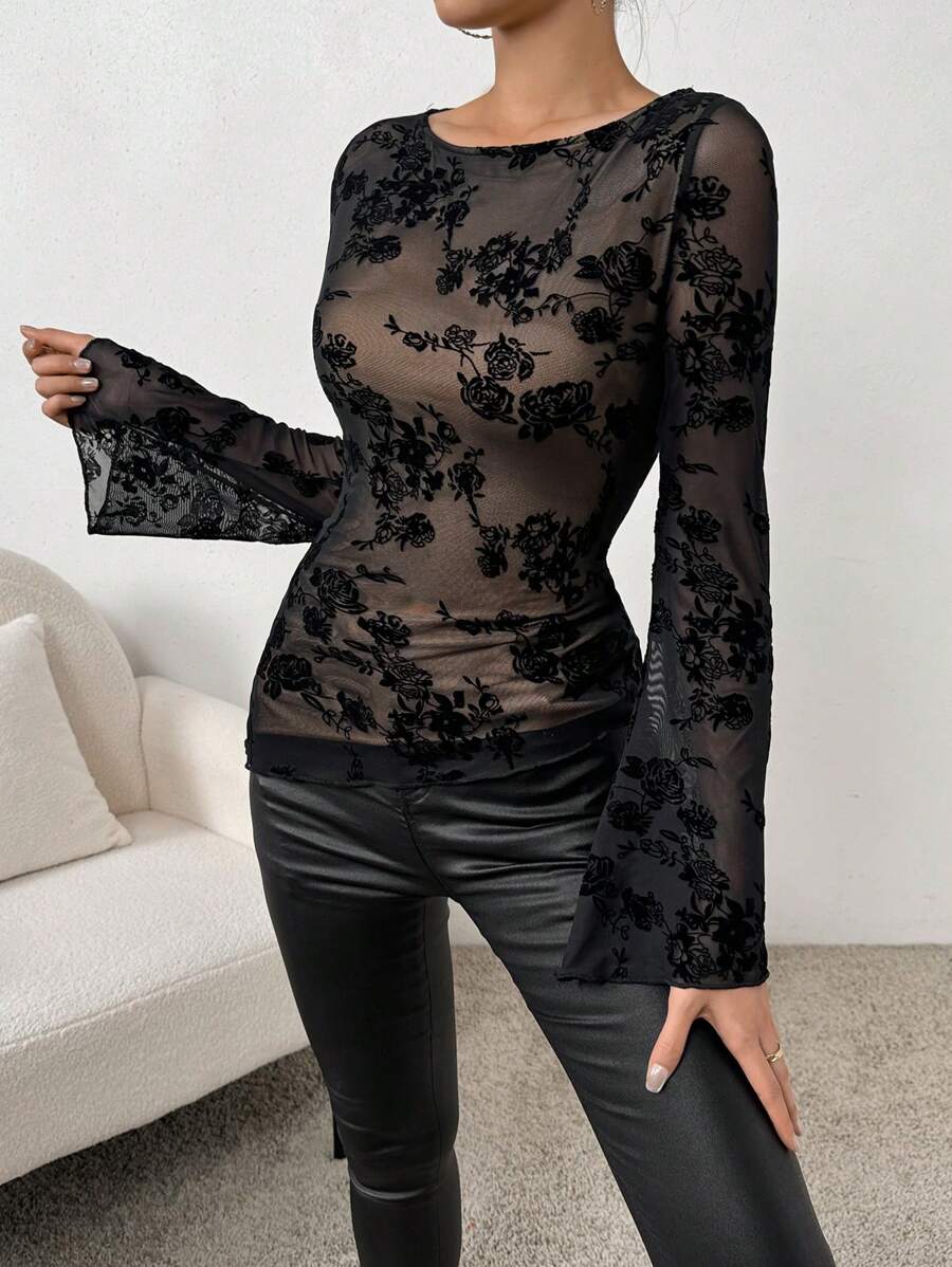 SHEIN Privé In hoa tay áo lá sen Áo thun - màu đen - Xem 1