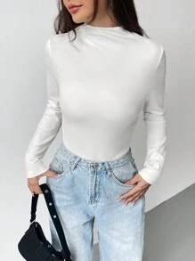 SHEIN EZwear 小高領素色T恤 - 米色 - 查看 6