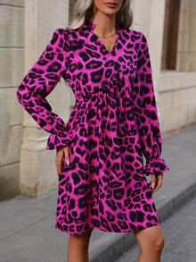 SHEIN LUNE 豹紋拖尾袖連身裙 - 玫紅色 - 查看 6