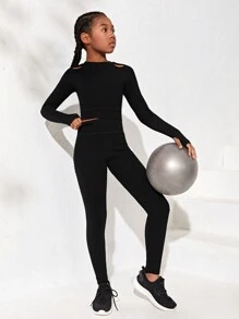 SHEIN Cô gái Tween Chất rắn Lỗ ngón tay cái Áo Tee thể thao & quần leggings - màu đen - Xem 3