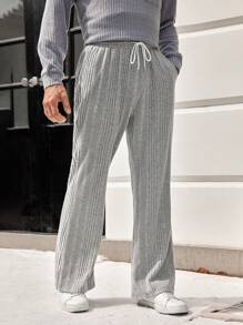 Manfinity Homme Pantalones Sueltos De Pierna Recta Con Cintura Con Cordón Para Hombres - Gris Claro - Ver 1