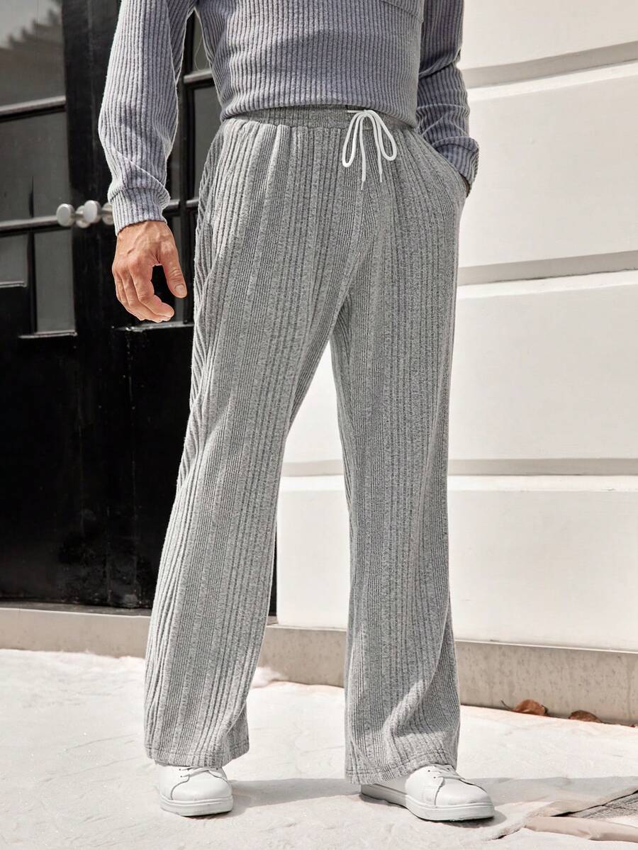 Manfinity Homme Pantalones Sueltos De Pierna Recta Con Cintura Con Cordón Para Hombres - Gris Claro - Ver 1