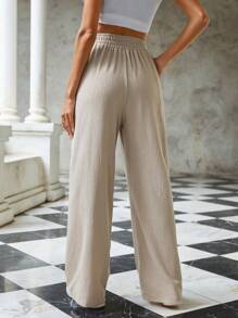 EURMUSE Solid Slant Pocket Wide Leg Pants - Beige - View 2