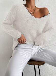 SHEIN Essnce Scallop Trim Drop Shoulder Sweater - White - View 4