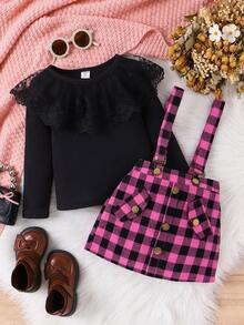 SHEIN 小女孩蕾絲拼接t恤和格子背帶裙兩件套裝 - 紫羅蘭色 - 查看 4