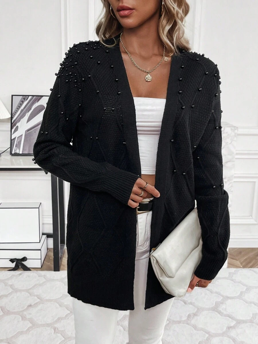 SHEIN Essnce 珍珠串珠開襟開衫 - 黑色 - 查看 1