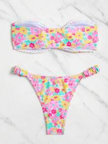 SHEIN Swim Summer Beach Random Flower Print Lace Decor Strapless Bikini Swimwear Set - Multicolor - View 7