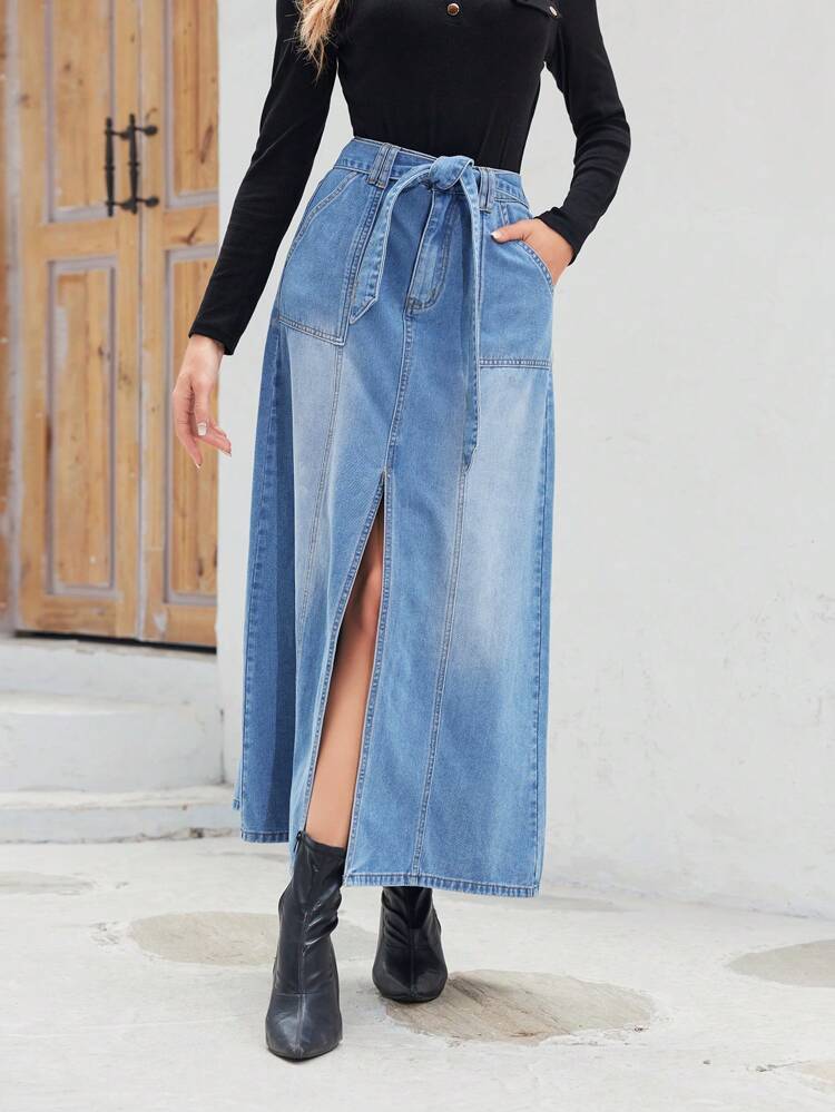 High Waist Split Thigh Belted Denim Skirt