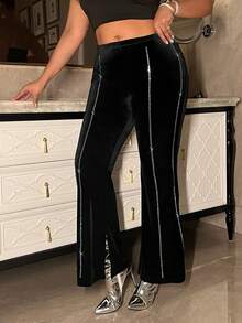 SHEIN ICON 大碼水鑽細節喇叭褲 - 黑色 - 查看 3