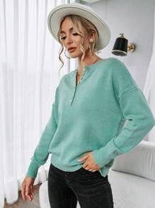 SHEIN LUNE Màu thuần Mặt trước Nút Thả vai Áo len - màu xanh lá - Xem 5