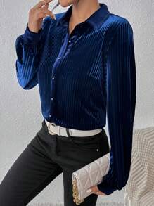 SHEIN Privé 素色前紐扣襯衫 - 藏蓝色 - 查看 4