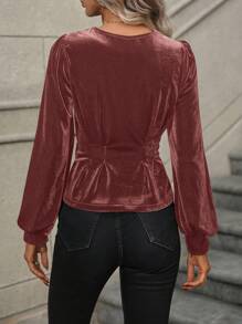 SHEIN Clasi 深v領開襟壓褶束腰絲絨面料襯衫 - 藕粉色 - 查看 2