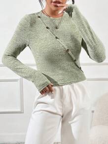 SHEIN Essnce 紐扣細節雜色針織T恤 - 彩色 - 查看 1