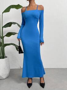 SHEIN Privé Women's Solid Color Open Shoulder Bodycon Dress With Mermaid Hem - Blue - View 2