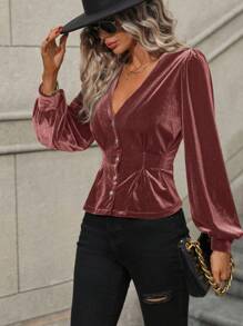 SHEIN Clasi 深v領開襟壓褶束腰絲絨面料襯衫 - 藕粉色 - 查看 6