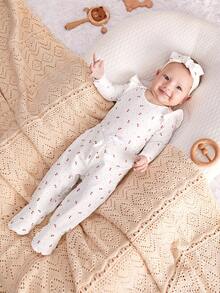 SHEIN 寶貝女孩花卉印花襯衫帶褲子和頭帶帶腳套套裝,帶褶邊領和長袖 - 白色 - 查看 4