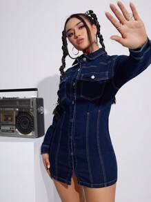 SHEIN EZwear Flap Pocket Buttoned Denim Dress - Dark Wash - View 4