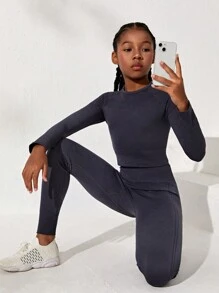 運動場合適用的青少年女童無縫針織純色長袖t恤和褲子套裝 - 霧霾藍 - 查看 1