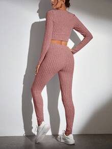 SHEIN Tall Button Front Crop Tee & Leggings - Dusty Pink - View 2