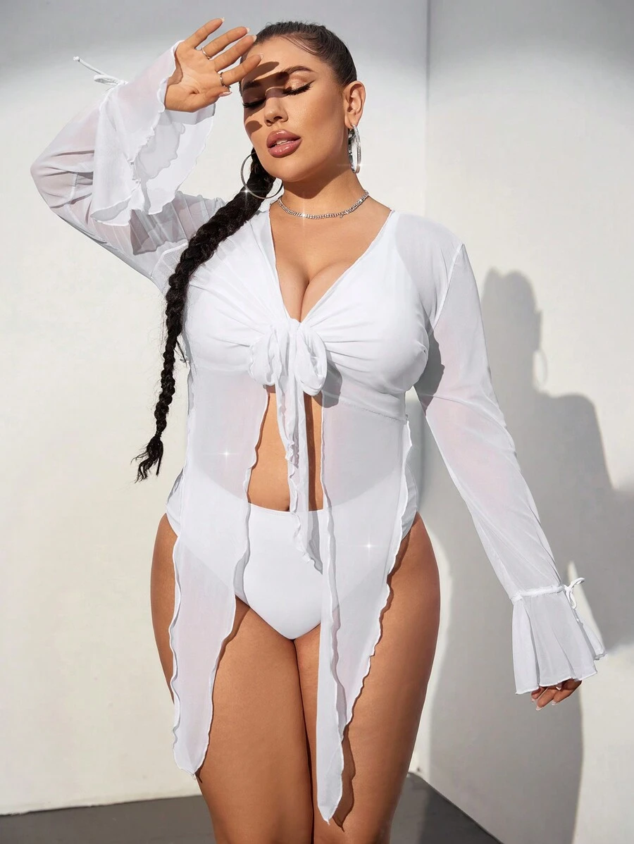 SHEIN Swim Curve Kích thước lớn 3pcs Bộ Bikini Với Bùng nổ Tay áo , Mặt trước Buộc Và Áo vest - trắng - Xem 1