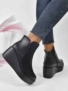 新品到貨女性柔軟的&舒服的時髦黑色坡跟跟厚下裝踝靴和短靴 - 黑色 - 查看 2