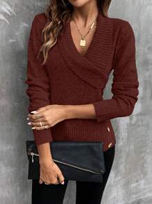 SHEIN LUNE Suéter de punto con botones de moda para mujer, para otoño e invierno - Óxido marrón - Ver 5