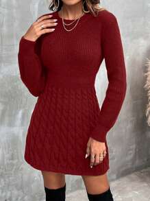 SHEIN Clasi 圆领麻花针织休闲毛衣连衣裙新年衣服秋冬女士服装 - 紅色 - 查看 5