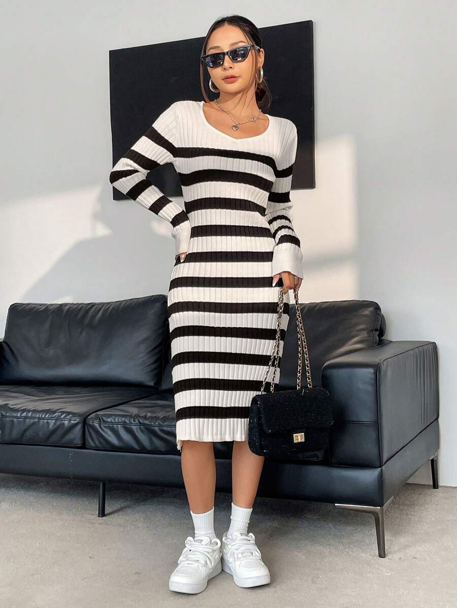 SHEIN Unity Của phụ nữ Vòng cổ Sọc Đầm Áo len - Đen và trắng - Xem 1