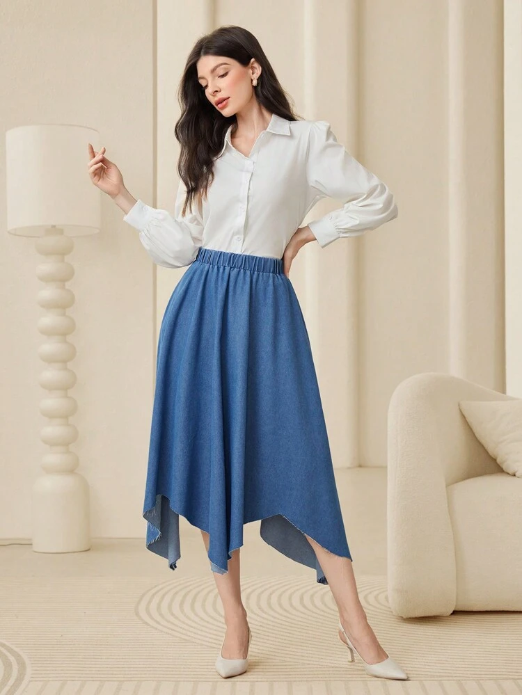 Women's Blue Asymmetrical Elastic High Waist Loose Comfortable Denim Skirt For Casual Or Semi-Formal Occasions
