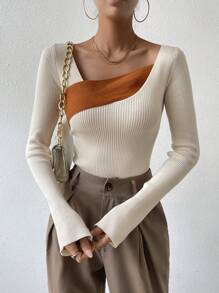 Chiquease Two Tone Asymmetrical Neck Ribbed Knit Sweater,Long Sleeve Tops Knit Pullover Fall Winter Sweater - Apricot - View 4