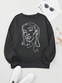 SHEIN Essnce 人像圖案加絨內裏運動衫 - 黑色 - 查看 2