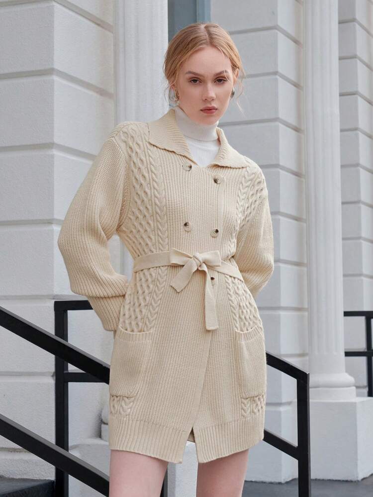 Double Breasted Cable Knit Belted Cardigan