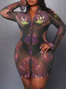 Slaydiva Hơn In Đồ họa Nút phía trước Lưới Váy bodycon - màu đen - Xem 4