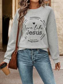 SHEIN LUNE Thả vai Lá thư In Của phụ nữ Áo nỉ - Màu Xám nhạt - Xem 5