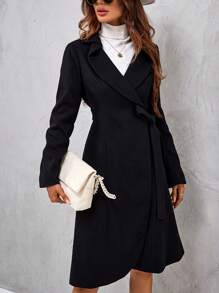 SHEIN Clasi Solid Knot Side Wrap Overcoat - Black - View 4