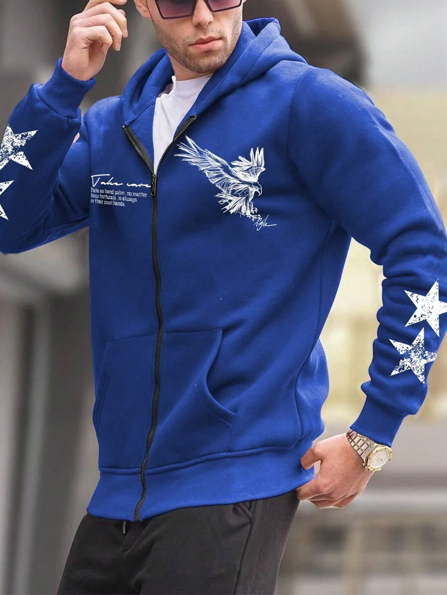 Manfinity Homme 男士口號和老鷹圖形拉鍊保暖連帽毛衣 - 寶藍色 - 查看 1