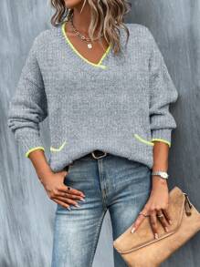 SHEIN LUNE Color Block Ribbed Edge Drop-shoulder Sweater With Double Pockets - Light Grey - View 3