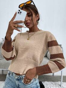 SHEIN Frenchy 條紋圖案燈籠袖套頭毛衣 - 卡其色 - 查看 5